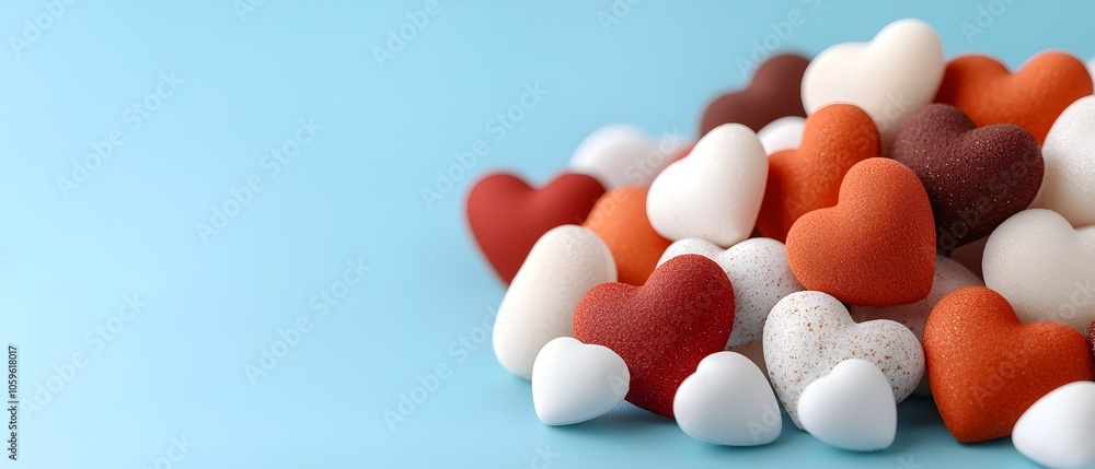 Poster romantic floating heart shapes in a random abstract pattern with red and white colors creating a sim