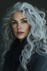 Fototapeta premium A woman with long gray hair and blue eyes