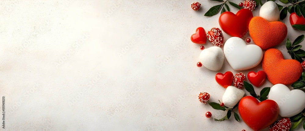 Poster romantic heart shaped in red and white colors arranged on a minimalist background creating a festive
