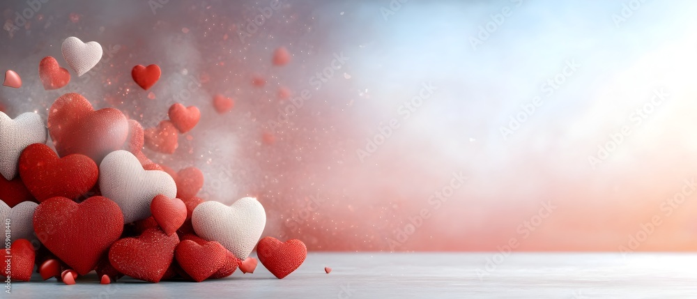 Poster scattered red and white hearts floating on a soft blurred background with ample blank space providin