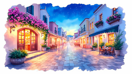 Fototapeta premium Charming mediterranean street at dusk with flower-filled balconies