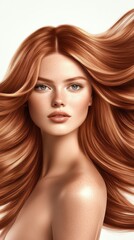 Naklejka premium Close-up of a person with long, wavy brown hair, face obscured by a blurred rectangle. Hair is shiny, voluminous, and well-styled