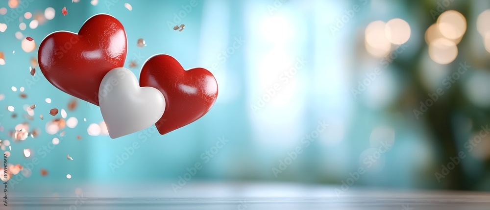 Poster floating red and white heart shapes with ample blurred background creating a clean elegant and roman