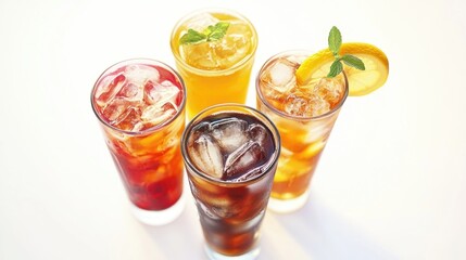 Fototapeta premium Six refreshing beverages, including ice tea and lemonade, with sliced lemons and mint leaves, perfect for a warm social event.