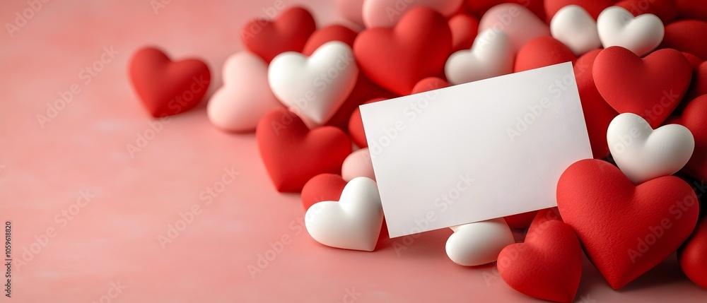 Poster romantic red and pink heart shapes arranged in a beautiful elegant design on a soft blurred backgrou