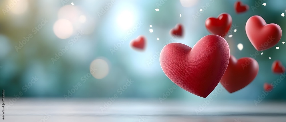 Aufkleber romantic valentine s day background with floating red heart shapes against a blurred bokeh filled ba