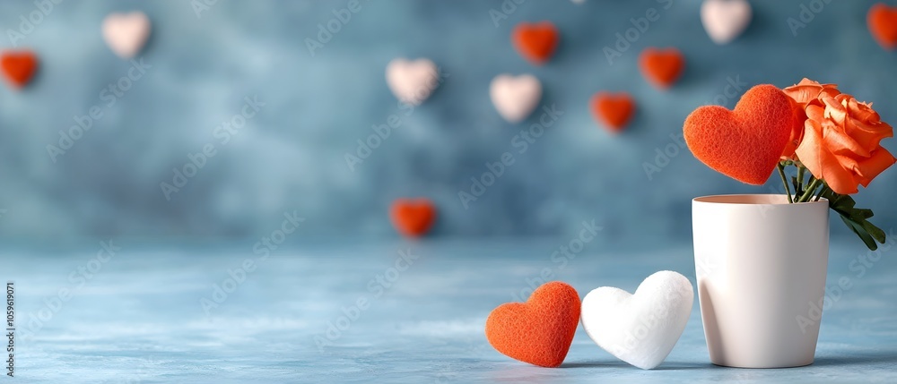 Poster scattered hearts with red and white colors floating on a soft blurry background creating a romantic 
