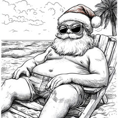 A laid-back Santa wearing sunglasses relaxes on a beach chair, enjoying the sunny day, portraying a whimsical twist to the traditional festive imagery by the sea.