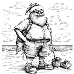 A cheerful Santa in sunglasses and shorts stands on the beach, holding gifts in a classic holiday twist, representing fun and joy in a unique setting with clouds.