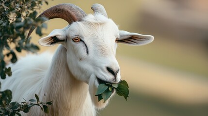 Obraz premium Close-up of a goat eating green leaves with curved horns and white fur in a natural setting