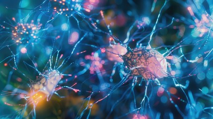 Vibrant neurological design in blues and greens with glowing cells.