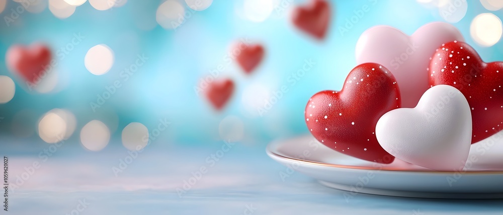 Poster soft pink and red hearts floating gently across a pastel gradient background creating a dreamy roman