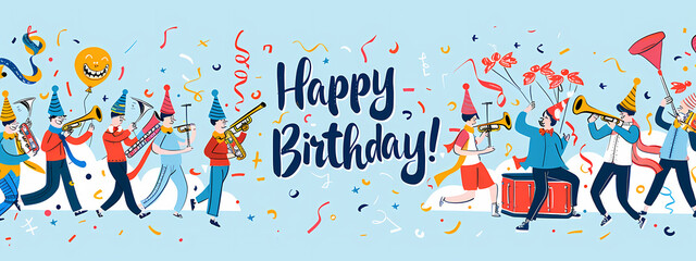 A vibrant illustration featuring a diverse group celebrating a birthday with music, balloons, and confetti, creating a joyful atmosphere.