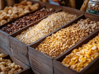 Variety of grains in wood crates for sale.