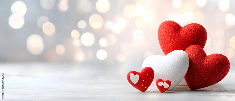 Aufkleber cozy heart shapes in red and white scattered across a light blurred background creating a romantic a