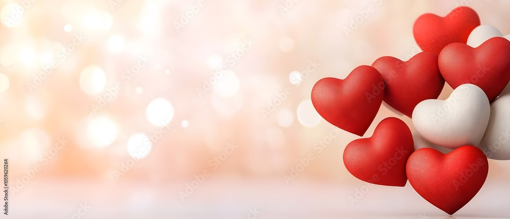 Poster scattered red and white heart shapes floating on a soft blurry background with ample blank space for