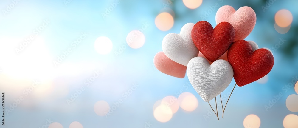 Poster floating hearts in soft pastel shades surrounding a peaceful contemplative backdrop with a large bla