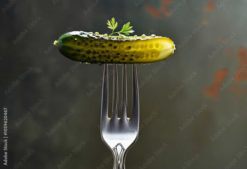 Poster a perfectly captured cucumber balancing on a silver fork against a textured backdrop