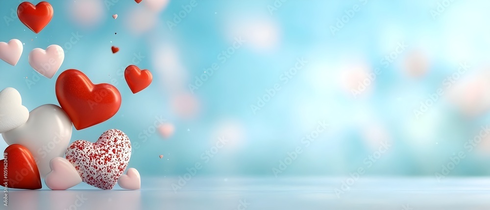 Aufkleber floating red and pink hearts around the edges of a soft pastel background leaving a large blank area