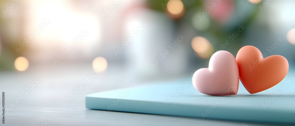 Poster soft gradient colored heart shapes arranged in a minimalist composition leaving a blank space in the