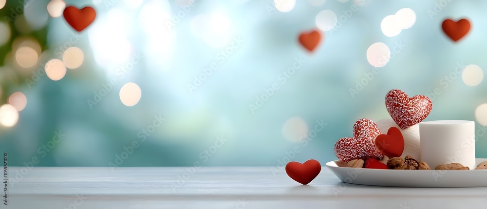 Poster soft floating red hearts in various sizes drifting on an elegant dreamy and ethereal background with