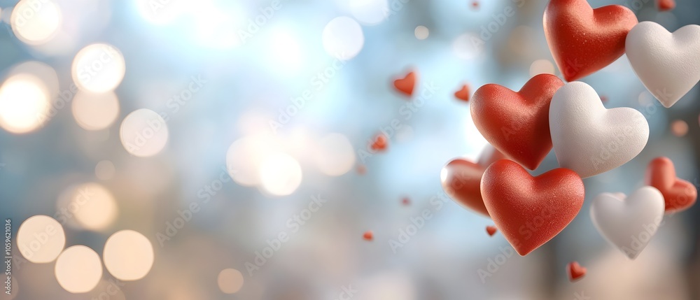Aufkleber floating red and white heart shapes decoratively scattered against a blurred sparkling background wi