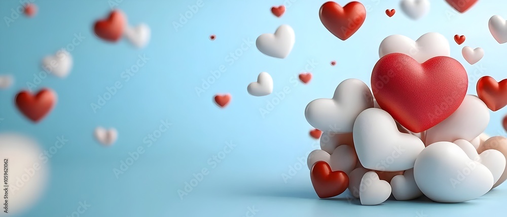 Poster romantic love themed background with scattered red and white hearts floating on a blurred backdrop p