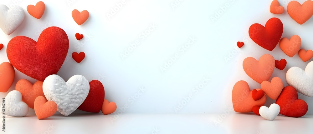 Poster scattered heart shaped confetti in various shades of red orange and pink against a clean white backg