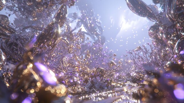 Futuristic Sci-Fi Scene with Chaotic Metallic Debris, Alien Flora, and Vibrant Energy Sky - Ultra-Detailed 3D Render Illustration