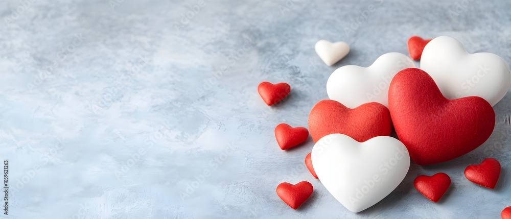 Poster vibrant heart shapes in red and pink colors scattered along the top and bottom of a blank space crea