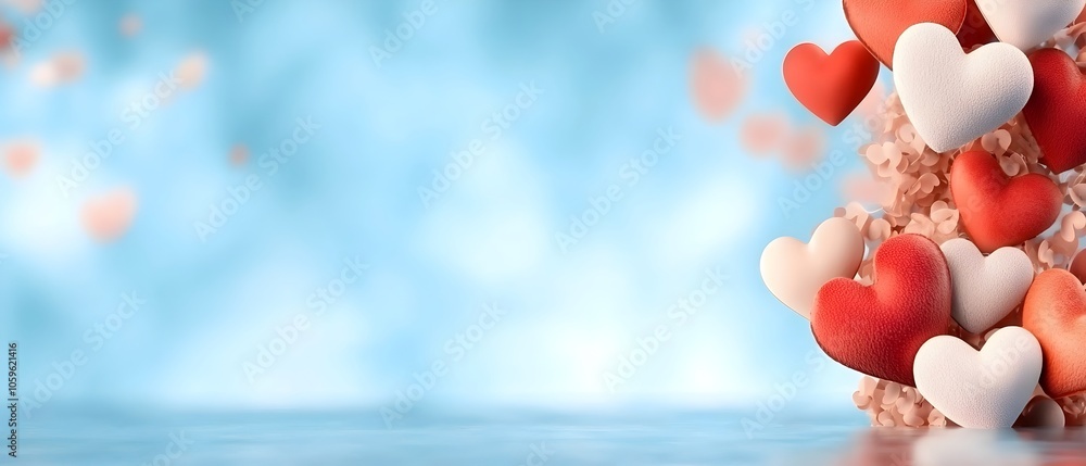 Poster soft pastel background with red and pink hearts surrounding the border leaving a centered empty spac