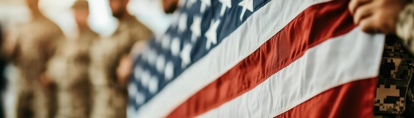 Veterans holding a large flag at a ceremony, symbolizing unity, strength, and gratitude