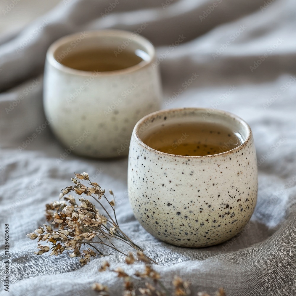 Wall mural on a fabric surface with textured fabric, two rustic ceramic bowls are filled with tea