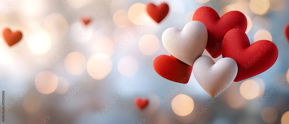 Poster romantic background with floating red and white hearts in soft focus creating a dreamy and inviting 