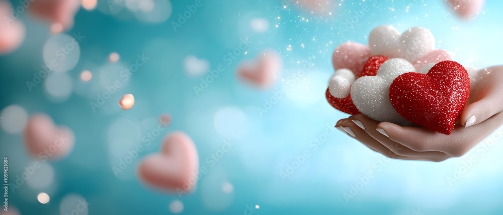 Poster romantic background with floating red and white hearts on a soft blurred and sparkling valentine s d