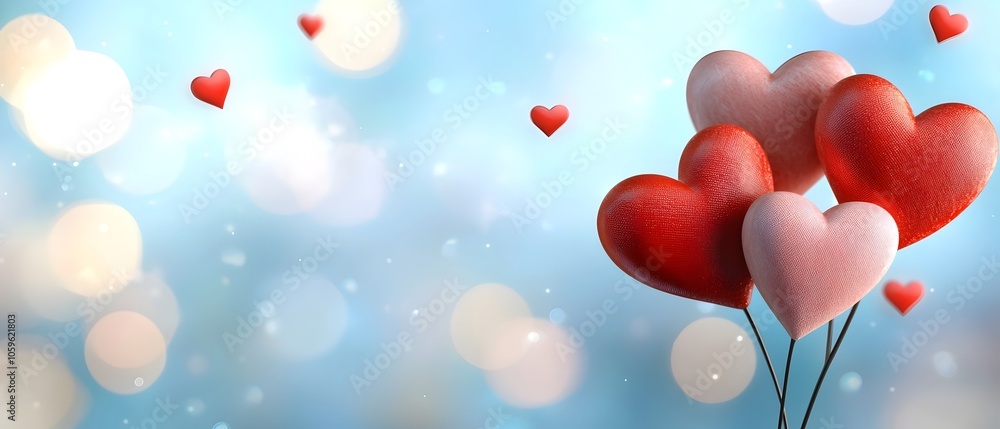 Poster elegant floating red and pink heart shaped symbols against a soft blurred background in shades of bl