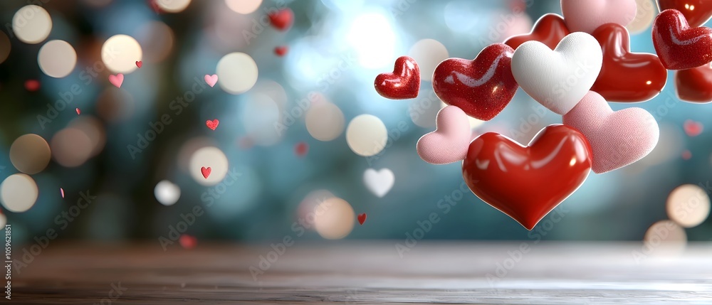 Poster floating red and pink heart shapes on a blurred bokeh filled valentine s day background leaving a la