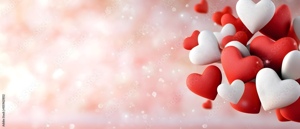 Poster scattered heart shapes on a soft pink gradient background with ample copy space ideal for valentine 
