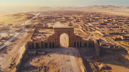 Obraz premium Aerial shot of the ancient city of ctesiphon, with the grand arch of taq kasra visible. Ancient Mesopotamian City. Illustration