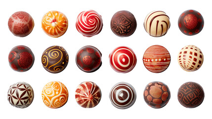 Set of chocolate bonbons with different fillings and patterns, isolated on white, cut out 