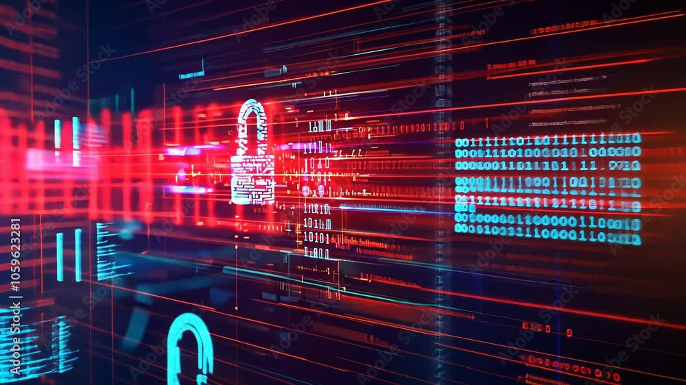 Poster witness vibrant data streams and lock graphics showcasing the dynamic world of cybersecurity in a di