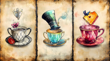 Alice in wonderland themed watercolor grunge icons on flash cards with diamond victorian background , watercolor, grunge. Victorian Tea Party. Illustration