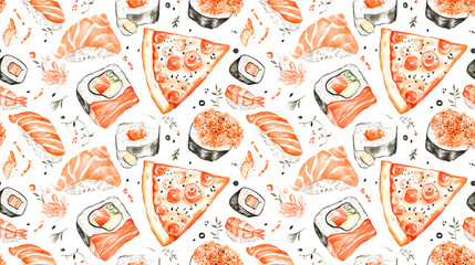 Naklejka premium Seamless pattern featuring hand drawn watercolor and marker illustrations of sushi and pizza slices with ingredients versatile design for food themed textiles and decor