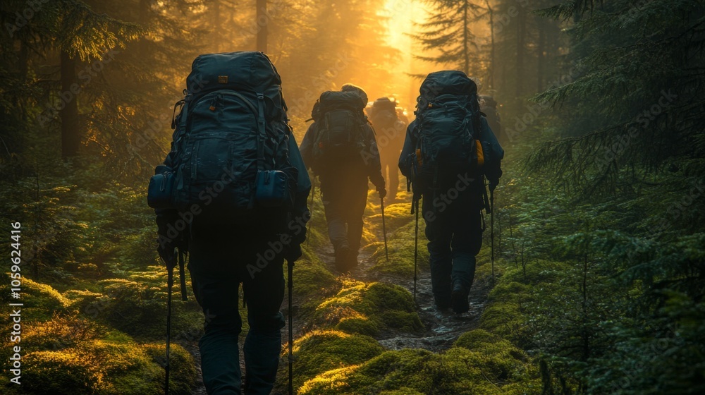 Poster a group of hikers ventures along a damp forest trail, surrounded by towering trees and vibrant moss 