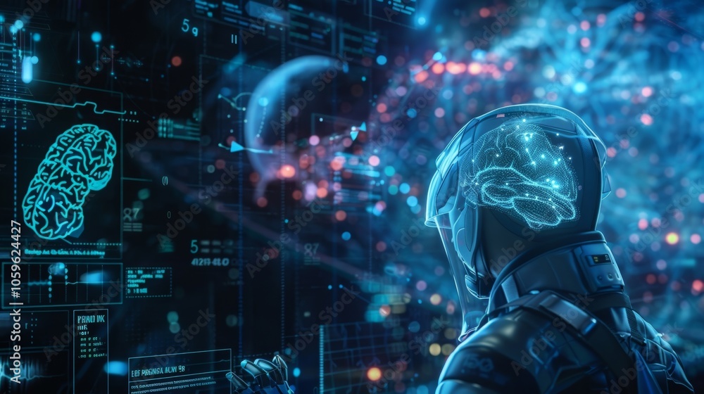 Poster astronaut with a high tech helmet interacts with a holographic brain display, showing advanced space