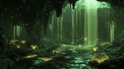 Obraz premium Surreal 3D Render of Twisted Metallic Waterfalls in a Dark Abyss with Glowing Flora and Unnatural Shapes on Horizon, Ultra-Detailed Illustration