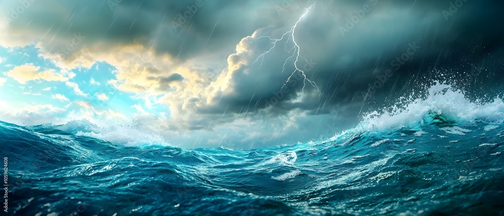 Aufkleber dramatic thunderstorm scene with dark ominous clouds frequent lightning strikes and heavy rain falli