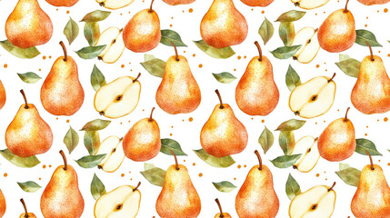 Obraz premium Hand drawn watercolor illustration of pears in a seamless pattern on a white background ideal for textiles or stationery healthy fruits vibrant design