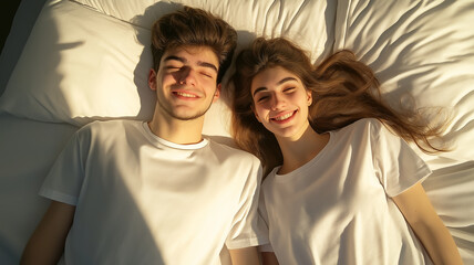 Young beautiful and loving couple wake up while lying
