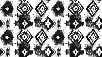 Fototapeta premium Seamless black and white tie dye geometric pattern featuring hand drawn ethnic designs and a soft grunge texture for textile applications